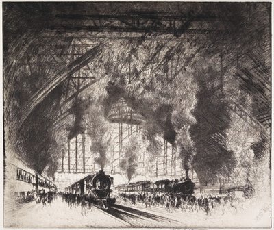 Junat, jotka tulevat, ja junat, jotka menevät, Pennsylvania Railroad, Philadelphia, 1919 tekijältä Joseph Pennell