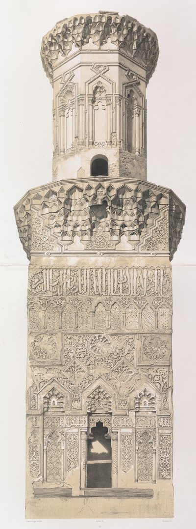 38. Minareetti, Mohammed el Naçerin moskeija, Kairon alaosa. ja yläosa, 1843. tekijältä Joseph Philibert Girault De Prangey