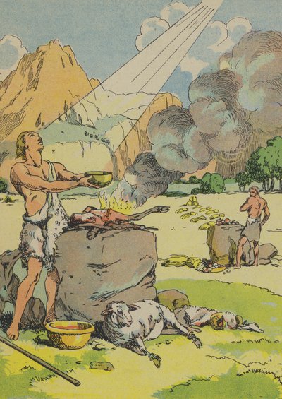 Abel uhraa Jumalalle (värilitografia). tekijältä Joseph Porphyre Pinchon
