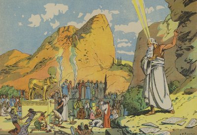 Mooses ja kultainen vasikka (värilitografia) tekijältä Joseph Porphyre Pinchon
