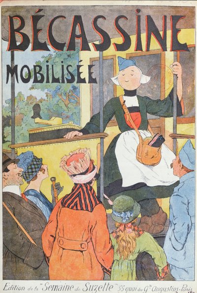 Becassinen lähtö, "Becassine Mobilisee" -lehden kansi "la Semaine de la Suzette" -lehdestä, n. 1914 (värilitro). tekijältä Joseph Porphyre Pinchon