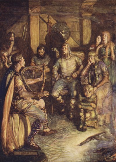 Gleeman laulaa Beowulfin tekoja (väri litho) tekijältä Joseph Ratcliffe (after) Skelton