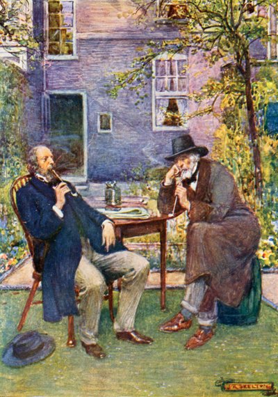 Carlyle (oikealla) ja Tennyson puhuvat ja tupakoivat tekijältä Joseph Ratcliffe Skelton