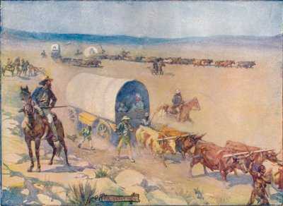 Bullock-Waggons haavoittui hitaasti Billowy Plainsin yli, c1908, c1920. tekijältä Joseph Ratcliffe Skelton