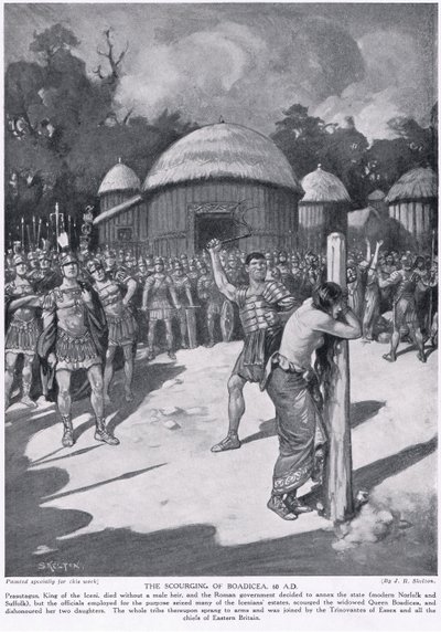 The Scourging of Boadicea, esimerkki "Hutchinsonin kansakuntien historiasta", n. 1910 tekijältä Joseph Ratcliffe Skelton
