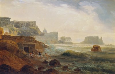 Rannikko lähellä Napolia, jossa on linna ja kalastajat vetämässä verkkoa tekijältä Joseph Rebell