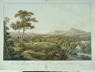 Näkymä Jenaan Rasenhuehlbergistä, n. 1810 (etsaus) tekijältä Joseph Roux