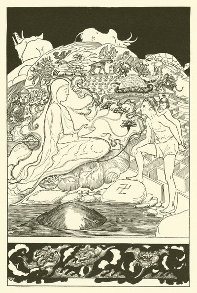 Rapu Pau Amma juoksi karkuun, kun vanhin taikuri puhui Miehelle ja hänen pikkutyttötyttärelleen (kaiverrus) tekijältä Joseph Rudyard (after) Kipling