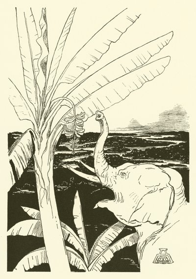 Elefantin lapsi vetää banaaneja (kaiverrus) tekijältä Joseph Rudyard (after) Kipling