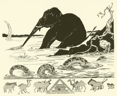 Elefantin lapsi, jonka nenää krokotiili vetää (kaiverrus) tekijältä Joseph Rudyard (after) Kipling