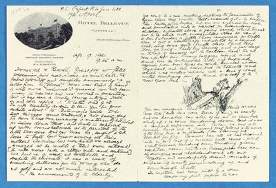 Nimikirjoituskirje eversti H. W. Feildenille, Hotel Bellvue Cannes, 9. huhtikuuta tekijältä Joseph Rudyard Kipling