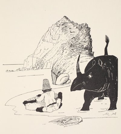 Parsee alkaa syödä kakkuaan asumattomalla saarella, kuvitus Rudyard Kiplingin pubin "Just So Stories for Little Children" -teoksesta. Lontoo, 1951 tekijältä Joseph Rudyard Kipling