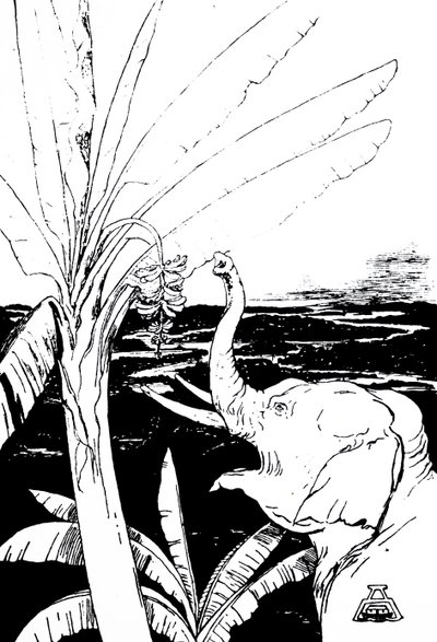 Kiplingin kuva norsusta (kaiverrus) tekijältä Joseph Rudyard Kipling
