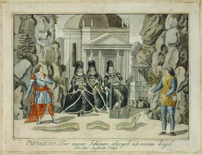 Tamino ja Papageno kolmen naisen kanssa ... (kaiverrus) tekijältä Joseph Schaffer