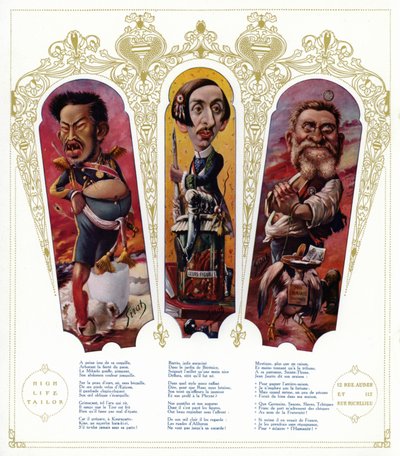 Karikatyyrit: Japanin keisari Meiji; Maurice Barres, ranskalainen kirjailija ja nationalistinen poliitikko; Jean Jaures, ranskalainen poliitikko (väri litho) tekijältä Joseph Sirat