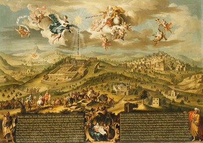 Näkymä Betlehemiin, tietäjien matka, ylhäällä oleva kolminaisuus ja syntymämaalattu piirros alla, 1752 tekijältä Joseph Stephan
