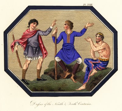 Anglosaksilainen miesten puku, 9. ja 10. vuosisata, 1853 (kaiverrus) tekijältä Joseph Strutt