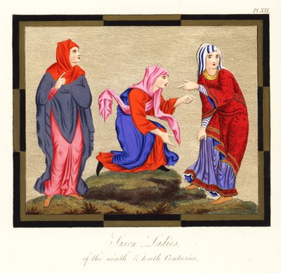 Anglosaksiset naisten puvut, 9. ja 10. vuosisadat, 1854 (kaiverrus) tekijältä Joseph Strutt