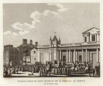 Väkijoukkoja kerääntyy Louis XVI:n ja hänen perheensä kuljettavien vaunujen ympärille tekijältä Joseph Swebach Desfontaines