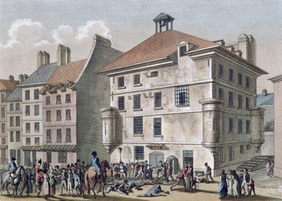 Syyskuun verilöylyt: verilöyly Abbayen vankilassa lähellä St. Germain des Presia, 2.-5. syyskuuta 1792, kaiverrus Reinier Vinkeles (1741-1816) ja Daniel Vrydag (1765-1822) (värillinen kaiverrus) tekijältä Joseph Swebach Desfontaines