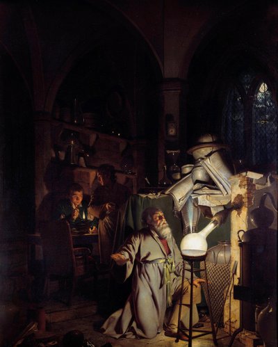 Alkemisti houkuttelee löytämään filosofisen kiven. Joseph Wrightin maalaus Derbystä (1734-1797) 1700-luvun aurinko. 1,27 x 1,01 m Derby, Derby-museo tekijältä Joseph Wright of Derby