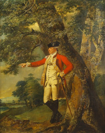 Eversti Charles Heathcoten muotokuva, seisomassa pienenä täyspitkänä metsäisessä maisemassa, kolmenkymmenenviidennen jalan univormussa tekijältä Joseph Wright of Derby