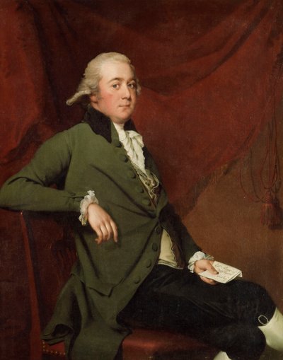 Muotokuva Edward Abneysta, istuu kolme neljäsosaa, vihreä takki, pitelee kirjettä punaista verhoa vasten, 1780-luvun loppu tekijältä Joseph Wright of Derby