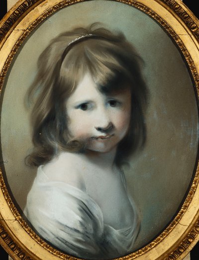 Muotokuva Harriet Wrightista, taiteilijan tyttärestä, lapsena, rinnan pituus, katsomassa oikean olkapäänsä yli, tekijältä Joseph Wright of Derby