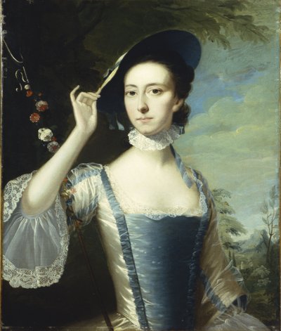 Naisen muotokuva kukkaseppeleen vieressä maisemassa tekijältä Joseph Wright of Derby