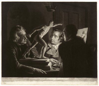 Kolme henkilöä katselemassa Gladiaattoria kynttilänvalossa, kaiverrus William Pether, 1769 tekijältä Joseph Wright of Derby