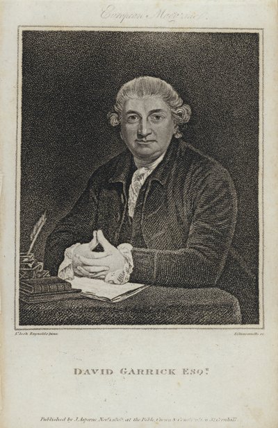 David Garrick, englantilainen näyttelijä, näytelmäkirjailija ja teatterijohtaja (kaiverrus) tekijältä Joshua (after) Reynolds