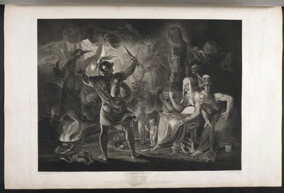 Macbeth.
Neljäs näytös. Kohtaus I.
Pimeä luola. Keskellä kiehuva kattila. Kolme noitaa. Macbeth. Hekate.
Macbeth kohtaa noidat ja ilmestykset; hänen jalkojensa juurella, käärmeen sisällä, seisovat pieni verinen lapsi ja lapsi, jolla on kruunu ja joka pi tekijältä Joshua (after) Reynolds