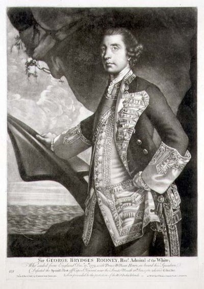 Muotokuva Sir George Brydges Rodneysta (1719-92) Valkoisen amiraalista, kaiverrettu William Dickinsonin (1746-1823) pub. kirjoittanut Carington Bowles (fl.1744-93) (kaiverrus) tekijältä Joshua (after) Reynolds