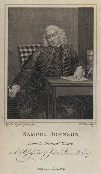 Samuel Johnson, englantilainen kirjailija ja leksikografi (kaiverrus) tekijältä Joshua (after) Reynolds