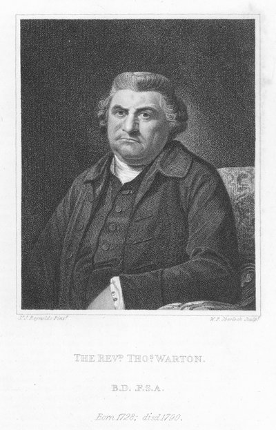 Pastori Thomas Warton, englantilainen kirjallisuushistorioitsija kriitikko ja runoilija (kaiverrus) tekijältä Joshua (after) Reynolds