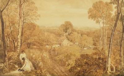 Metsäinen maisema mökeillä ja maalaisnaisilla, Hurley, Berks, 1818 (wc grafiitin päällä paperilla) tekijältä Joshua Cristall