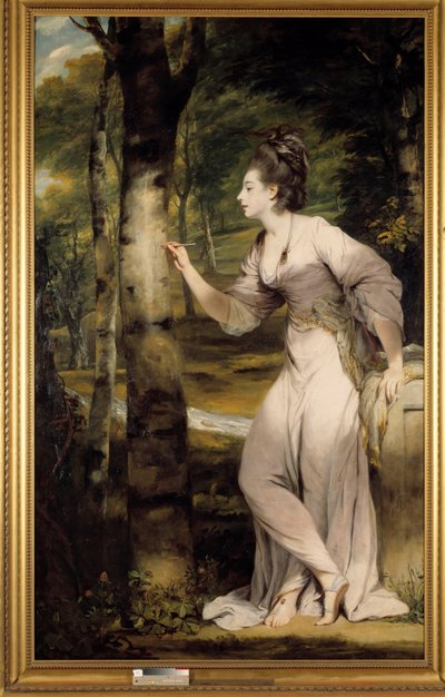 Elegantti nainen antaa nimen puunrunkoon romanttisessa ilmapiirissä. Joshua Reynoldsin (1723-1792) maalaus. 1700-luvulla. Collection privee - Täyspitkä muotokuva rouva Lloydista: Tyylikäs nainen kaivertaa nimen puunrunkoon romanttisessa tunnelmassa tekijältä Joshua Reynolds
