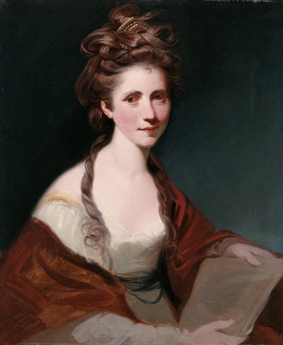 Muotokuva Angelica Kauffmannista, puolipitkä valkoinen, yllään punainen huivi tekijältä Joshua Reynolds