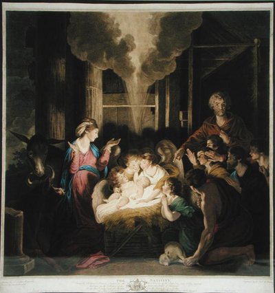Syntymä, piirtänyt Josiah Boydell ja kaivertanut G.J & J.G Fracius (värikaiverrus) tekijältä Joshua after Reynolds