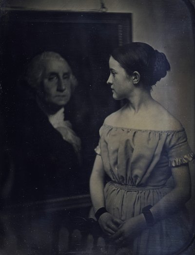 Tyttö George Washingtonin muotokuvalla, n. 1850. Tekijät: Josiah Johnson Hawes, Albert Sands Southworth. tekijältä Josiah Johnson Hawes, Albert Sands Southworth
