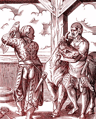 Teurastaja - Ruoka ja ruoanlaitto keskiajalla. Kaiverrus Jost Amman (1539-1591). Kaiverrus 1878 tekijältä Jost (after) Amman