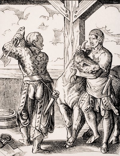 The Butcher and his Assistant, jäljennös Jost Ammanin (1539-91) 1500-luvun kaiverruksesta Paul Lacroixin (1806-84) teoksesta "Le Moyen Age et La Renaissance", julkaistu 1847 (litho) tekijältä Jost (after) Amman