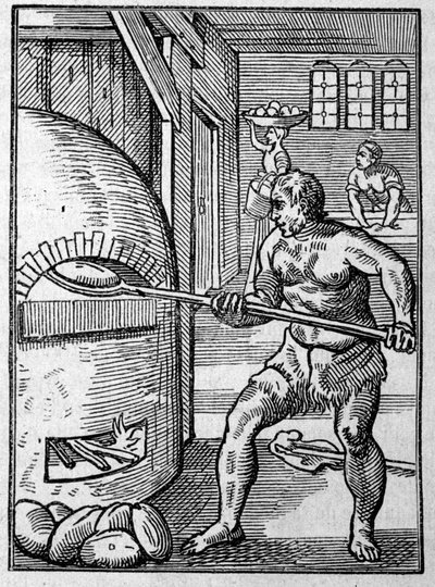 Leipuri leipomassa leipää uunissa. Kaiverrus Jost Amman (1539-1591) 1500-luku. tekijältä Jost Amman