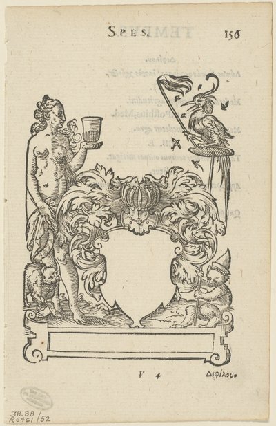 Emblem with Blank Heraldic Shield, folio 156 Anthologia Gnomonica -teoksesta. tekijältä Jost Amman