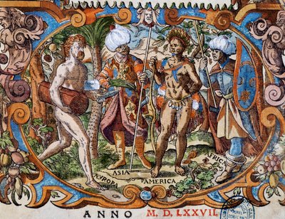 Neljä maanosaa, yksityiskohta otsikkosivulta, kaiverrus Jost Amman (1539-1591) tekijältä Jost Amman