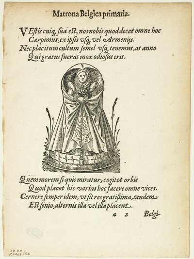 Matrona Belgica primaria (Belgian ensimmäisen luokan matrona) teoksesta Gynaeceum, sive Theatrum Mulierum, levy 53 teoksesta Woodcuts from Books of the XVI Century (XVI vuosisadan kirjojen puupiirrokset) tekijältä Jost Amman