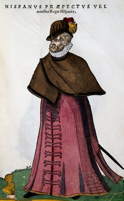 Ministerin puku Espanjan kuninkaallisesta talosta, Jost Ammanin (1539-1591) kaiverrus pääkansojen, miesten sekä taiteessa kuvattujen yksittäisten naisten Habitusista tekijältä Jost Amman