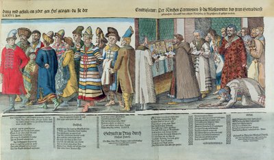 Venäjän Iivana IV:n (1530-84) suuri suurlähetystö Pyhän Rooman keisarille Regensburgissa vuonna 1576 (värillinen puupiirros) (yksityiskohta) tekijältä Jost Amman
