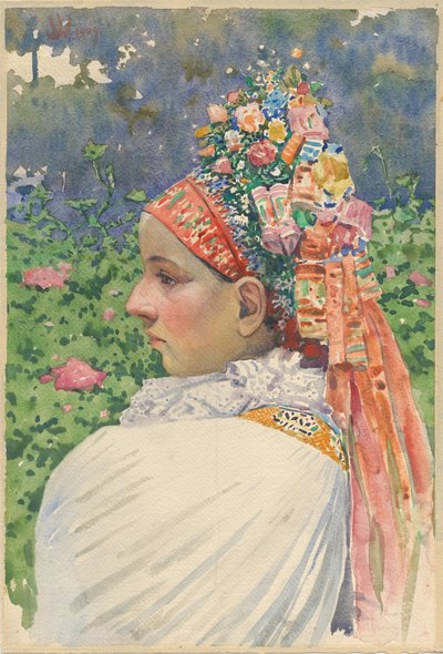 Slovakialainen morsianpari Uprka, Joza (1861-1940). Öljy kankaalle, koko: 54,8x37 tekijältä Joža Uprka