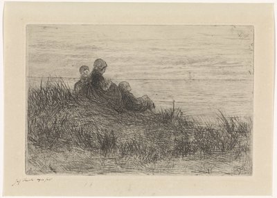 Dyynimaisema äidin ja lasten kanssa tekijältä Jozef Israëls (signed by artist)